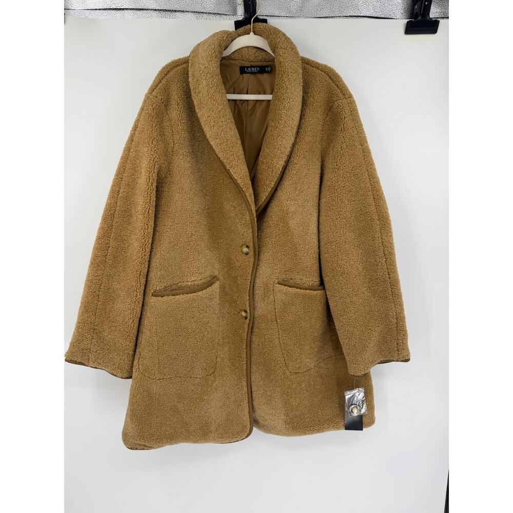 Ralph Lauren Womens Sherpa Coat Size XL Camel Shawl Collar Pockets Old Money - Picture 2 of 11